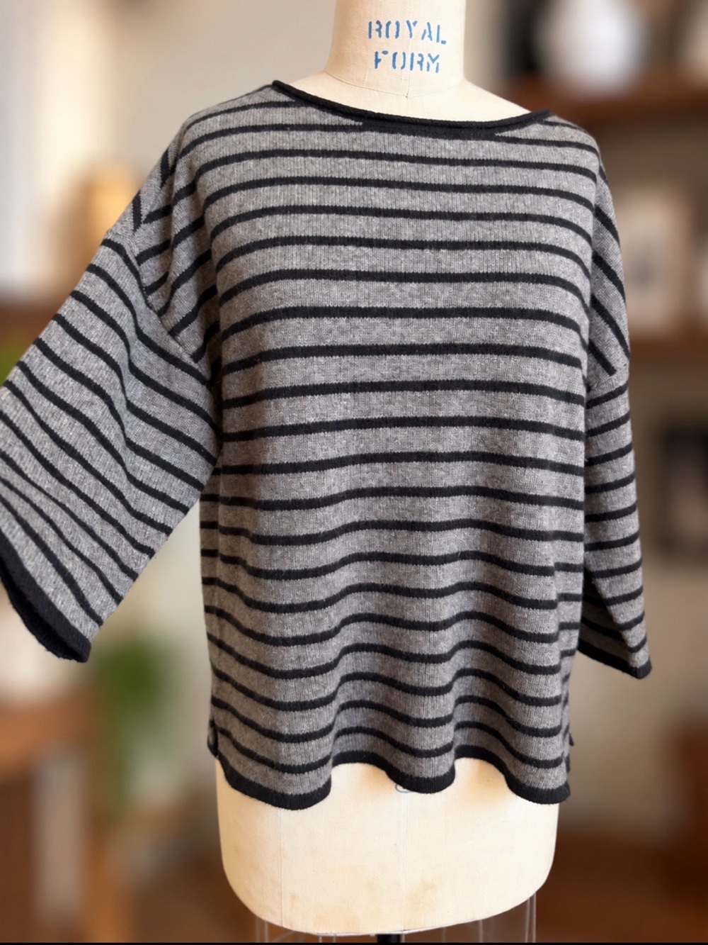 Eileen Fisher 50% Yak 50% Wool Striped Crewneck Sweater Gray Black Size L